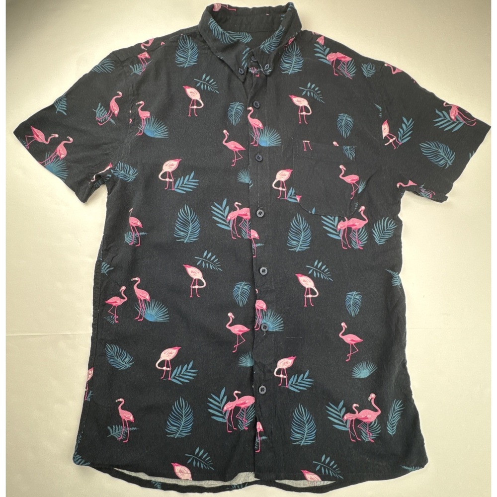 Aeropostale Resort Shirt‎ Flamingo Tropical Palm Print Button Down Small Navy